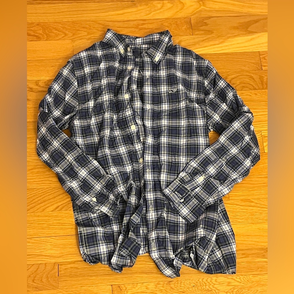 Boys Vineyard Vines performance Navy and Green Plaid Shirt
